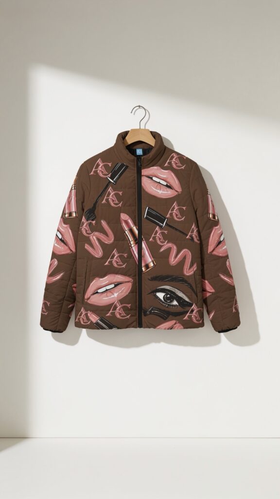 Women’s Puffer Jacket – Glam Makeup Lips & Eyes Print
