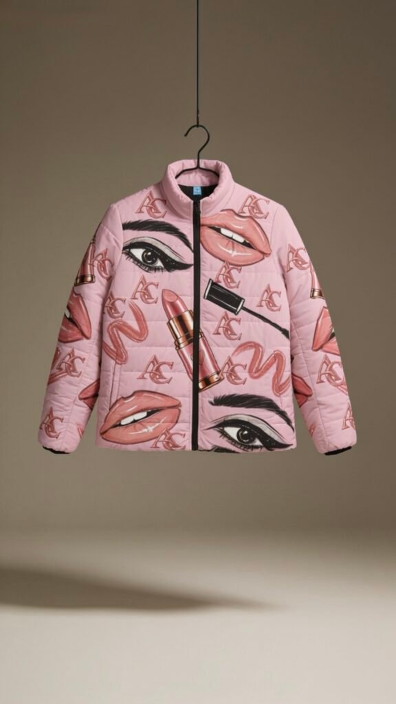 Women's Pink Makeup & Lips Puffer Jacket