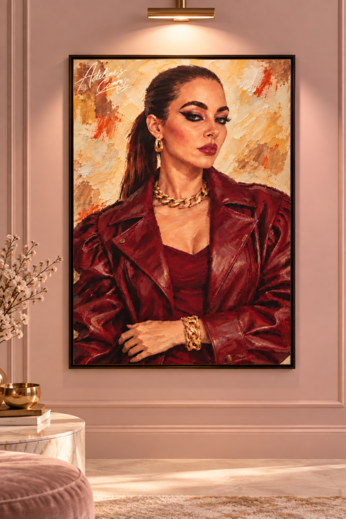 Framed Canvas Portrait of Elegant Woman in Burgundy Leather Jacket