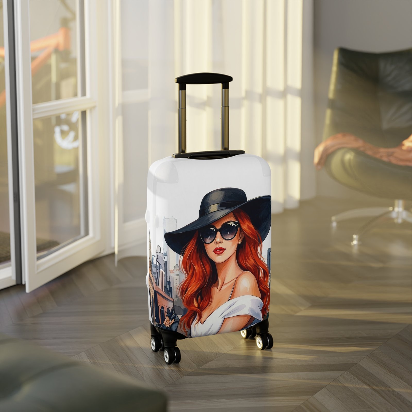 Fashionista Luggage Cover — Redhead Woman in Sun Hat Travel Protector - Image 3