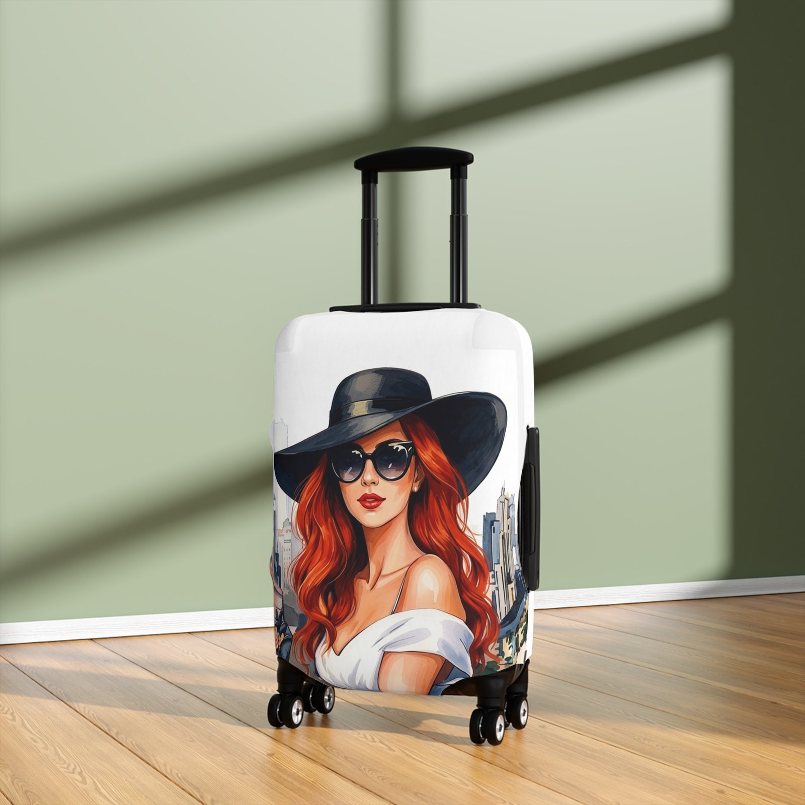Fashionista Luggage Cover — Redhead Woman in Sun Hat Travel Protector - Image 4